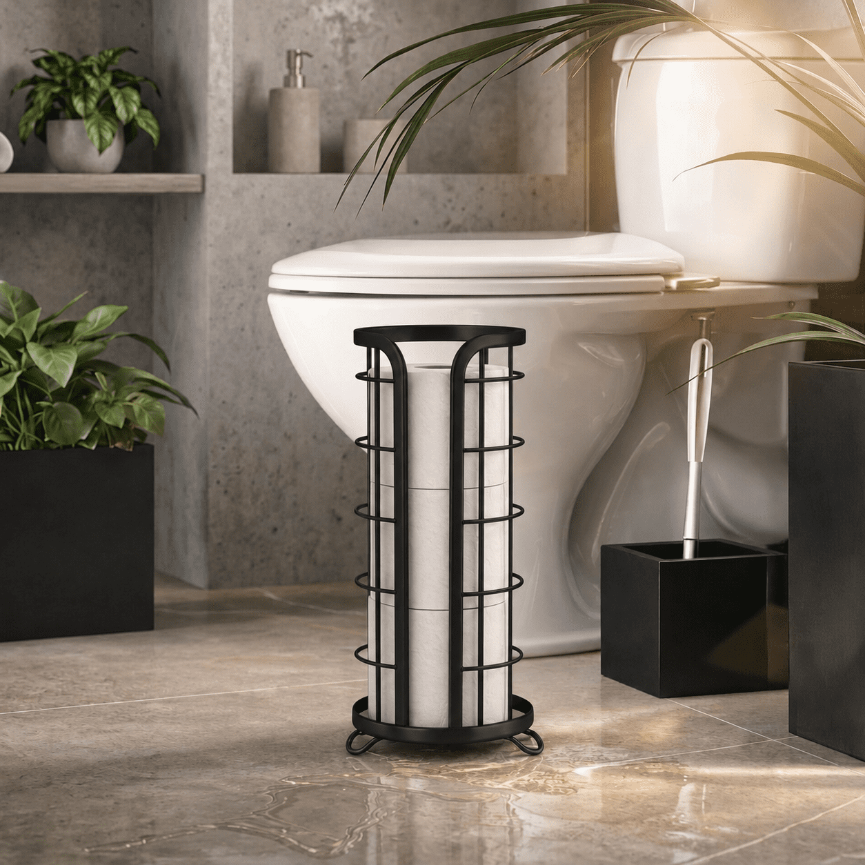 Brookstone Freestanding Toilet Paper Holder Stand, Raised Base, Matte Black