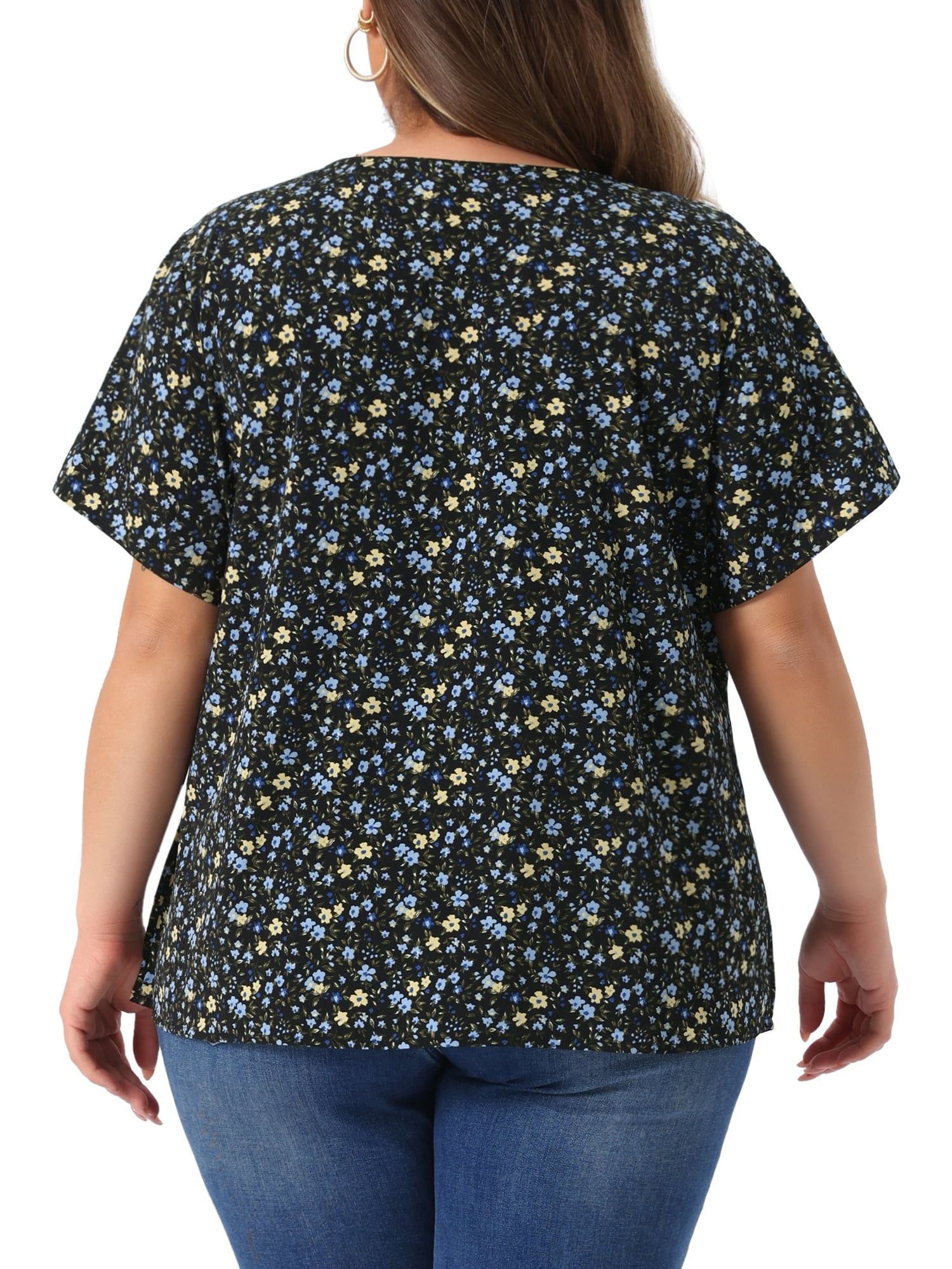 DARING DIVA Women's Plus Size V Neck Button Short Sleeve Floral Shirts 1X Black Blue