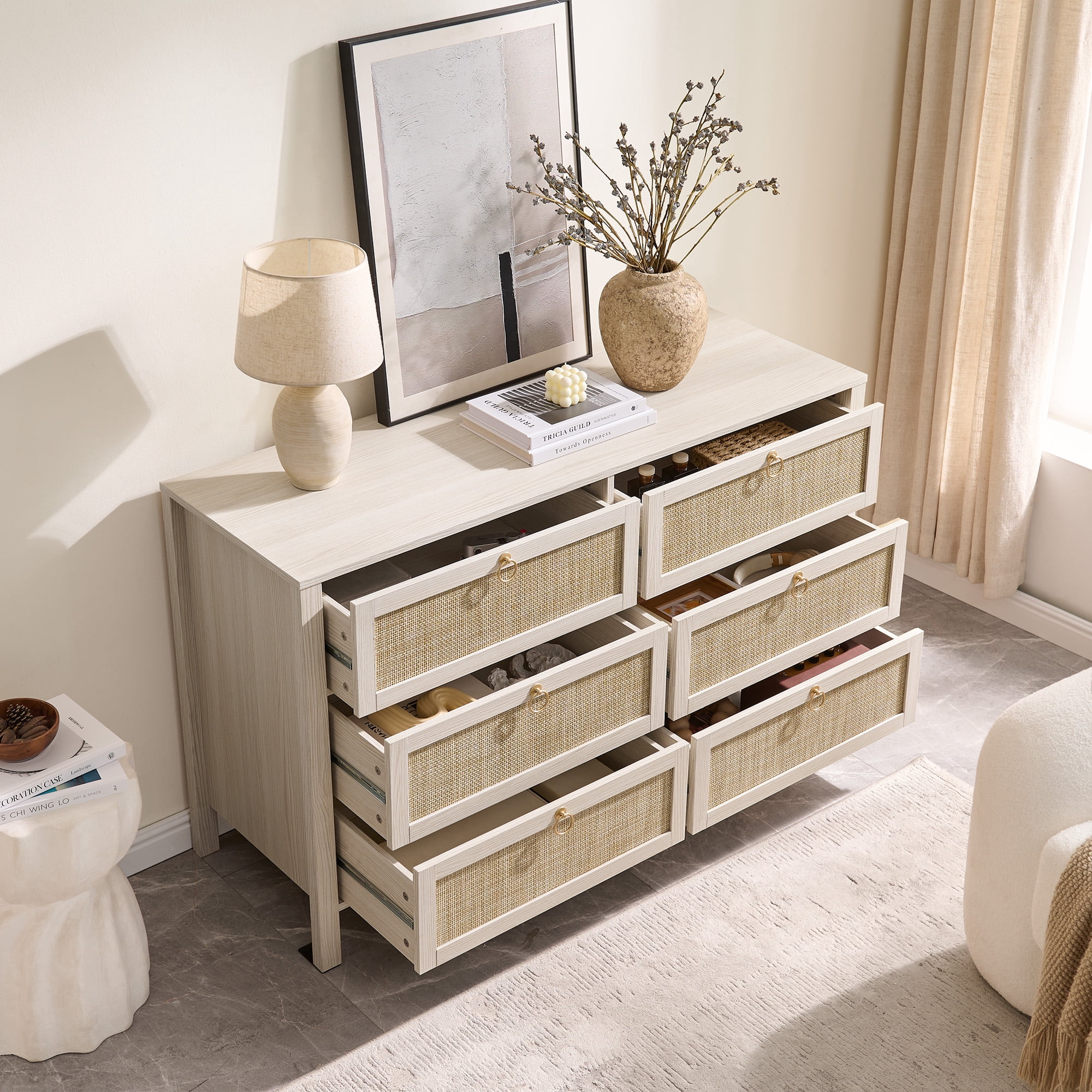 SICOTAS 51.14" Wide 6-Drawer Rattan Dresser, White Boho Chest of Drawers with Gold Handle for Bedroom, Coastal Bedroom Furniture White Oak Dressers for Bedroom