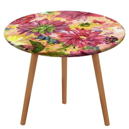 

Bybiment Round Fitted Tablecloth with Elastic Edge Pattern Watercolor Dahlias Decorative Tablecloth Table Cover 39 Inch