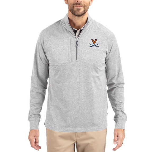 Women's-Cutter & Buck  Heather Gray Virginia Cavaliers Adapt Eco Knit Stretch Recycled DryTec Raglan Quarter-Zip