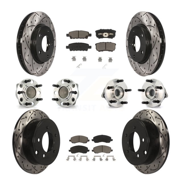 Transit Auto Front Rear Hub Bearing Assembly Coated Disc Brake Rotor and Ceramic Pad Kit (10Pc) for Car 2009 Dodge Caliber SXT with Non-ABS with 276mm Diameter - Left Right Side KBB-119837