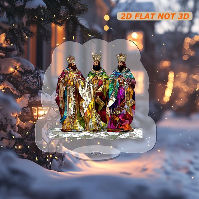 Rotating acrylic ornament featuring Three Kings stained glass design rich colors clear patterns with diamond embellishments and complex structure on a white background