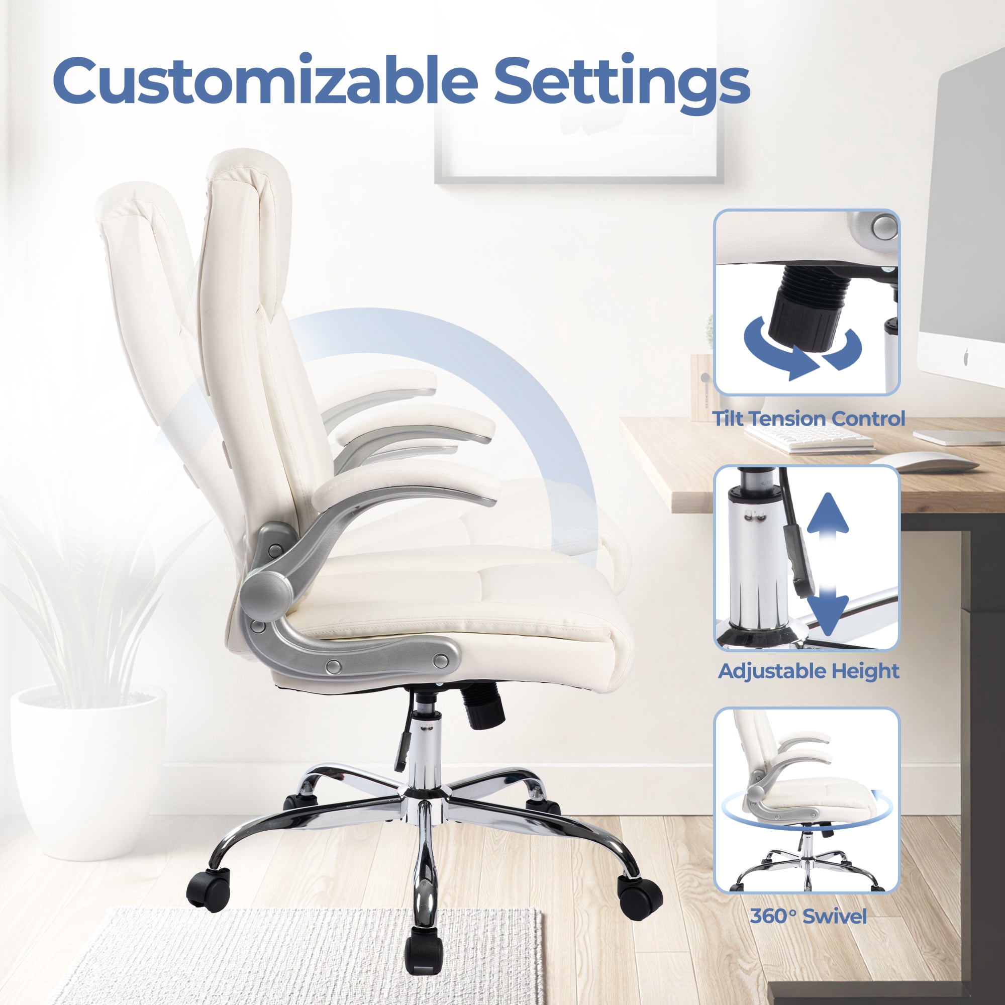 CELTOSS Executive Office Chair with Ergonomic White Leather Back Support and Flip-Up Armrests, Heavy Duty Cushioned Desk Chair, White
