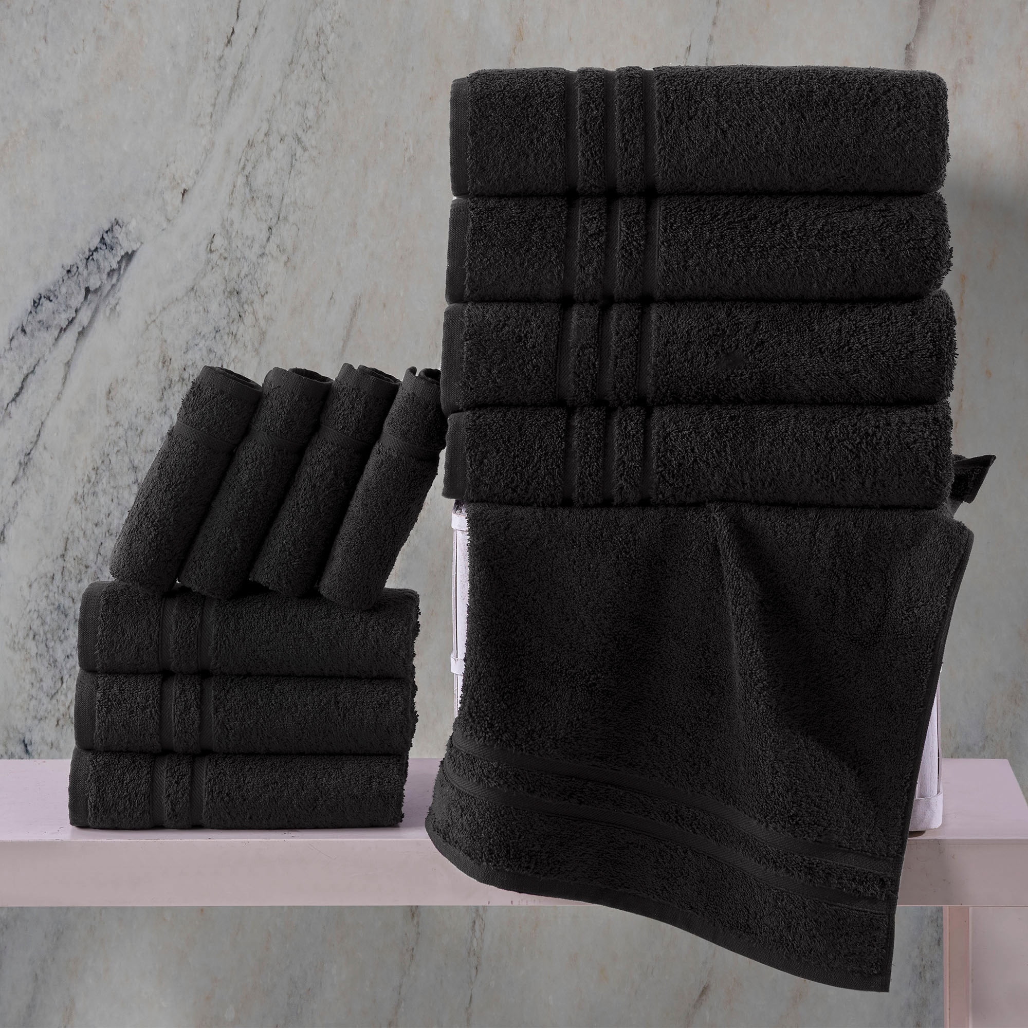Hawmam Linen Black Bathroom Accessories Set - 12 Piece Bathroom Set: 4 Bath Towels, 4 Hand Towels, 4 Washcloths, 100% Turkish Cotton, Quickdry, High Absorbent, Dorm Room Essentials Spa 600 GSM