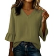 thumbnail image 2 of Women's Solid V-Neck Quarter Sleeve Blouse Casual Fashion Top, 2 of 7