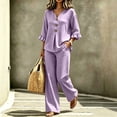 thumbnail image 5 of Gingham 2 Piece Set for Women Ruffle 3/4 Sleeve Notch Neck Top and Wide Leg Pants with Pockets Purple S, 5 of 7