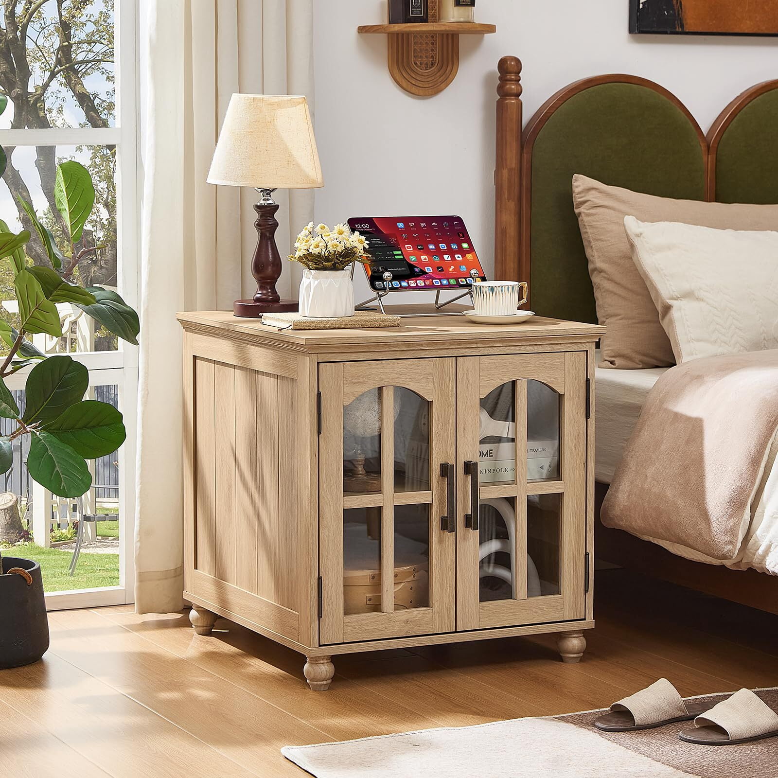 Buildhom Farmhouse End Table with Charging Station, 2pc 24" Wide Nightstand with Glass Barn Door & Adjustable Shelf for Living Room, Natural