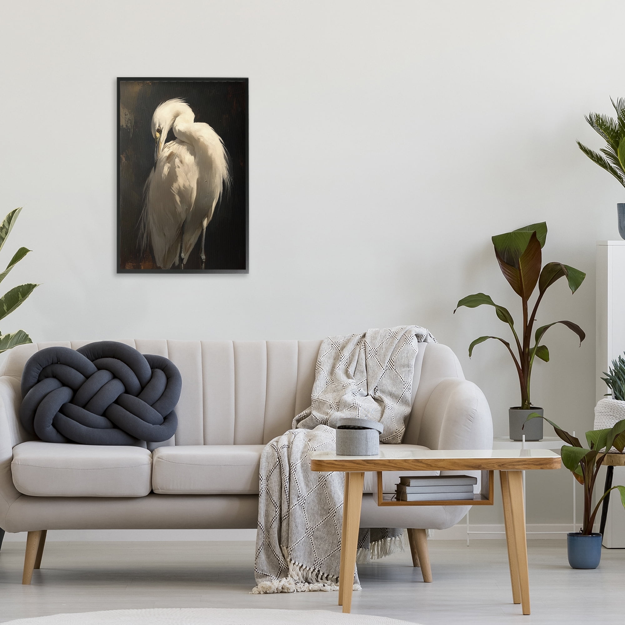 Stupell Industries Feathered Egret in Soft Light Black Framed Giclee Art, design by Petal Prints Design