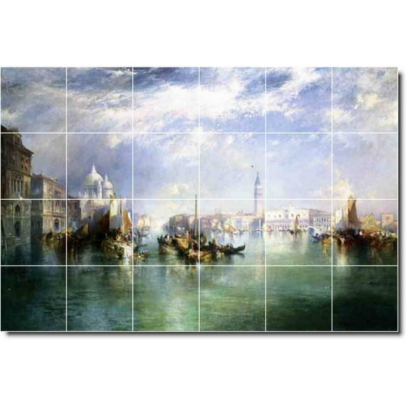 Ceramic Tile Mural-Thomas Moran Waterfront Painting 353. 48" w x 32" h using (24) 8 x 8 ceramic tiles