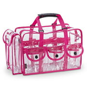 KIOTA Makeup Artist Storage Bag Clear Cosmetic Bag with Side Pockets and Shoulder Strap Ergonomic Handle ON THE GO Series - Pink Trim