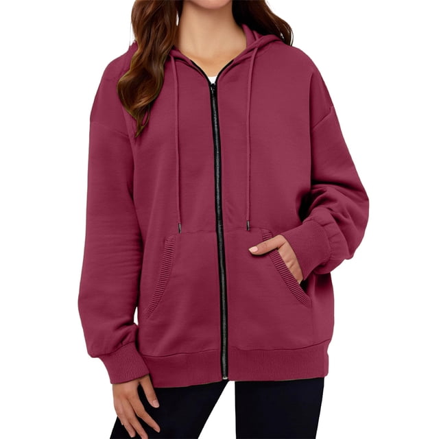 Pocket Long Sleeve Hooded Threaded Sweater Ladies Zipper Top