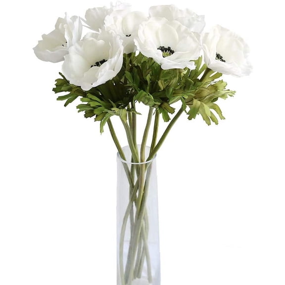 7PCS Anemone Artificial Flowers Real Touch Silk Flower Wedding Bride Bouquet DIY Home Decor (White)