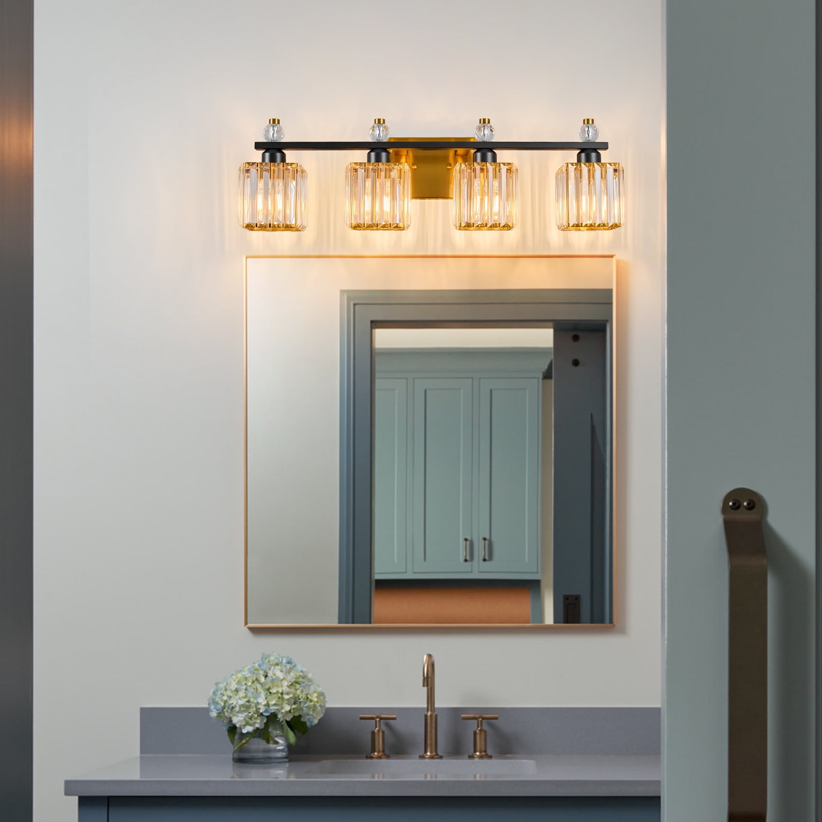 Deyidn Vanity Lights 4-Light Modern Crystal Vanity Light Black Gold Bathroom Light Fixtures Over Mirror Crystal Bathroom Vanity Lighting Fixtures