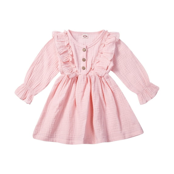 Qiylii Kids Girls Autumn Dress, Solid-Color O-Neck Long-Sleeves Ruffle Dress