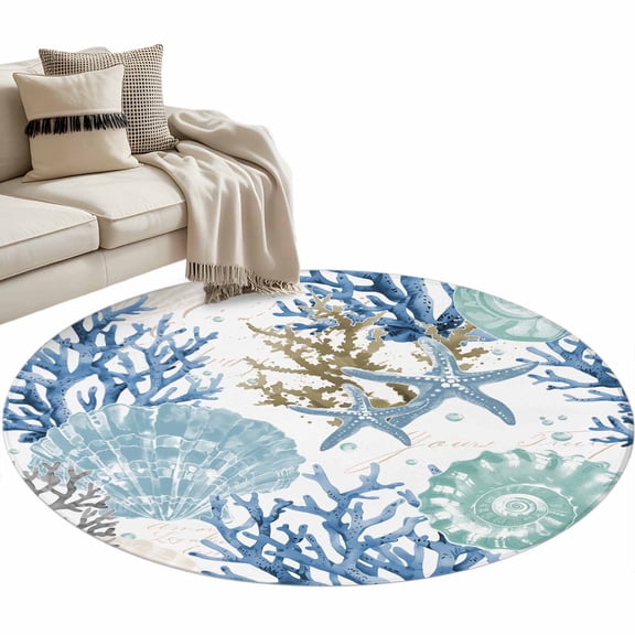 Summer Coastal Round Area Rug 4ft Starfish Shell Coral Non-Slip Washable Circle Rugs Soft Felt Indoor Floor Mat for Bedroom Kitchen Living Room Bathroom