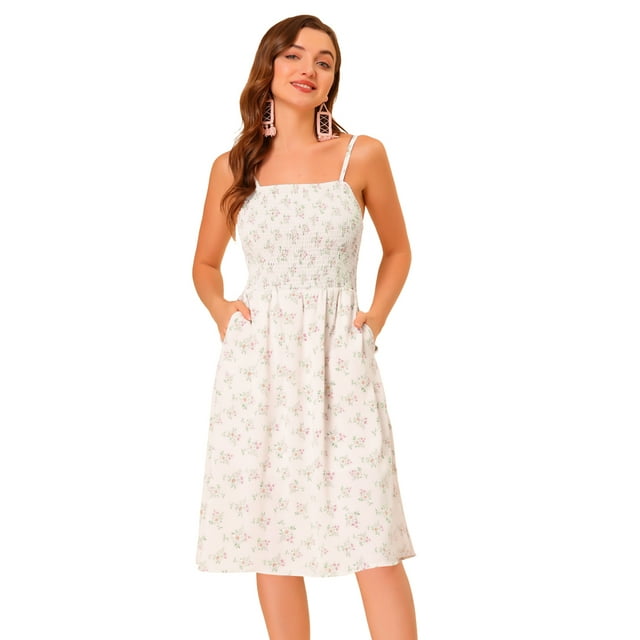 INSPIRE CHIC Robe à Bretelles Spaghetti Smockée avec Poches Florale Beige TP