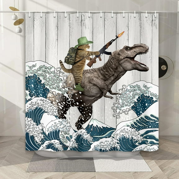 Funny Cat Shower Curtain, Rustic Wooden Farmhouse Bath Curtain Set, Cool Cat Dinosaur Japanese Ocean Wave Kids Children Teen Boys Cloth Shower Curtains Bathroom Accessories with 12 Hooks,72X72in