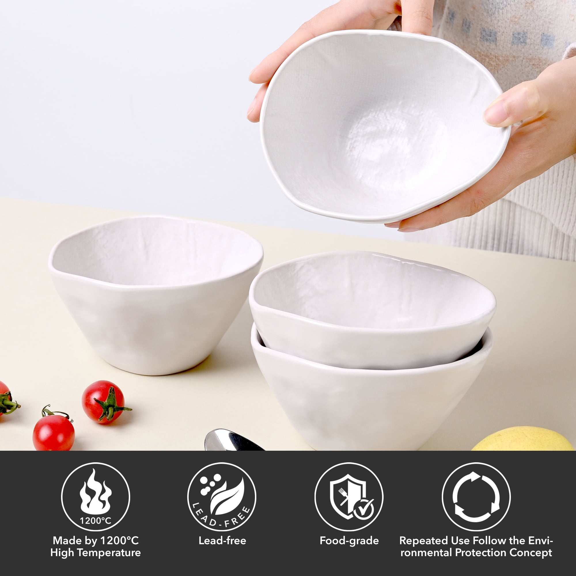 Linen Artisan Small Dessert Bowls Set of 4, Ceramic Dipping Bowls, 13.5 OZ Ice Cream Bowls for Kids, Mini Snack Bowls, Dishwasher & Microwave Safe, White, Small
