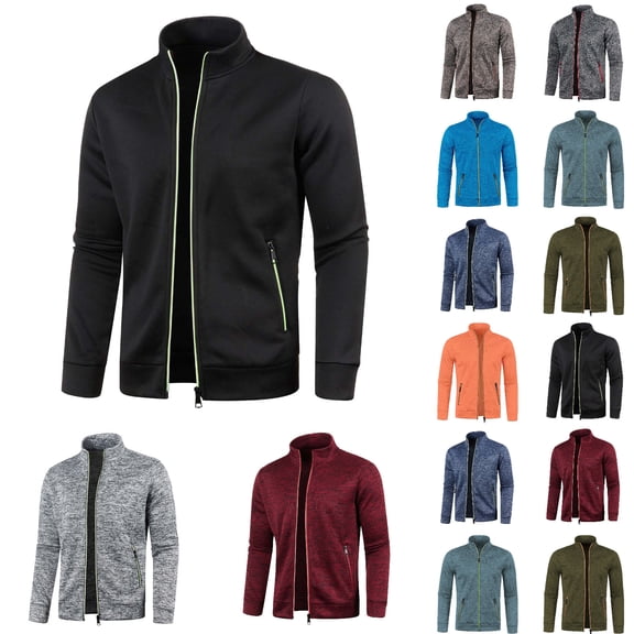 Fall Winter Jacket for Men Classic Fit Zip Up Jacket Solid Color Long Sleeve Sweater Men's Jacket Army Green L