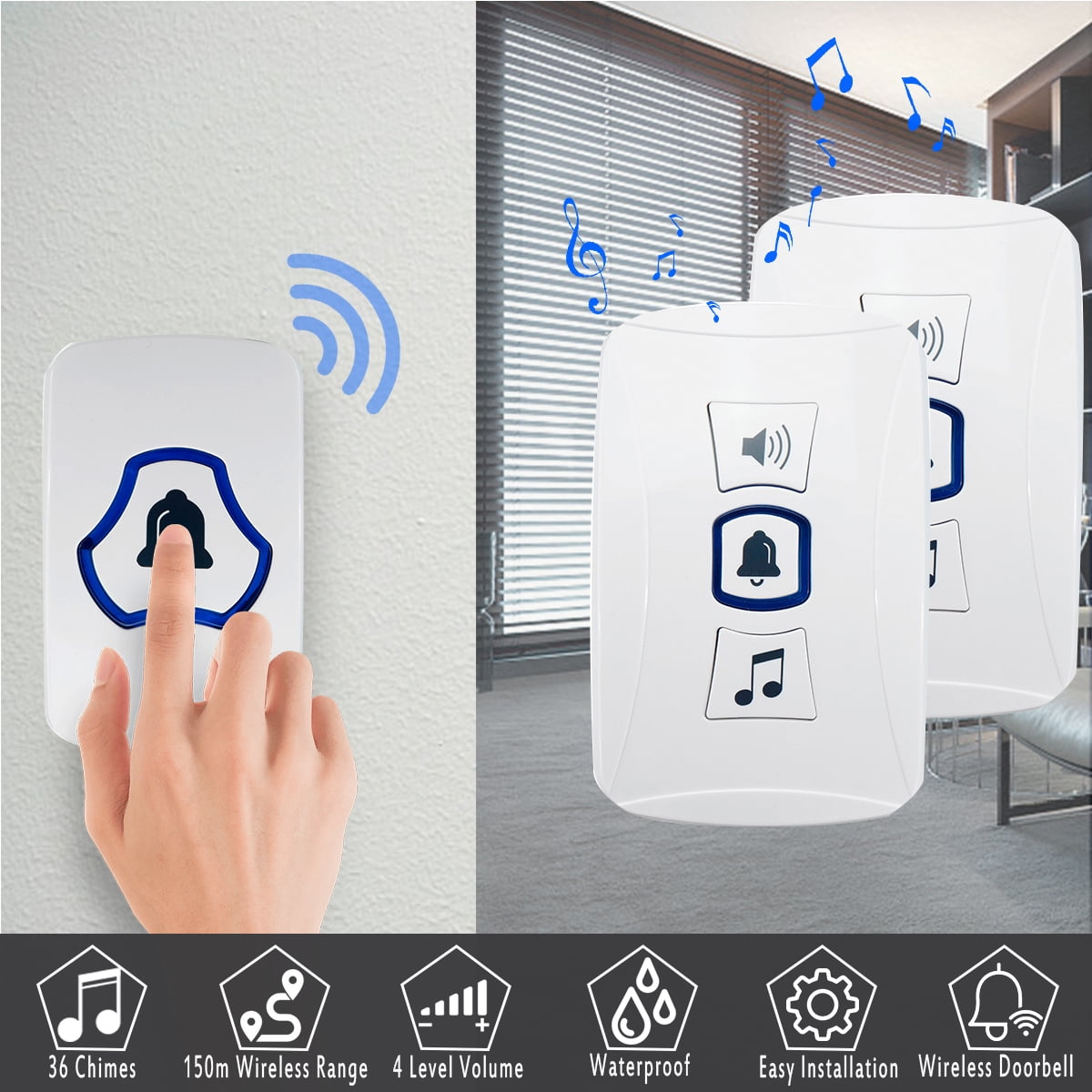 150m Wireless Waterproof Door Bell Kit 2 Or 1 Cordless Receiver 1