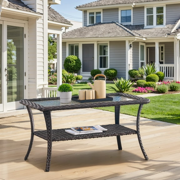 Gymojoy 40 Inches Patio Wicker Rattan Coffee Table, Outdoor Furniture Rectangle Tempered Glass Top Side Table with Storage, Brown
