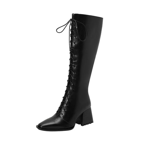 

GWAABD Western Fashion Women Ladies Fashion Leopard Print Pointed Front Lace Up Side Zipper Thick High Heel Long Boots