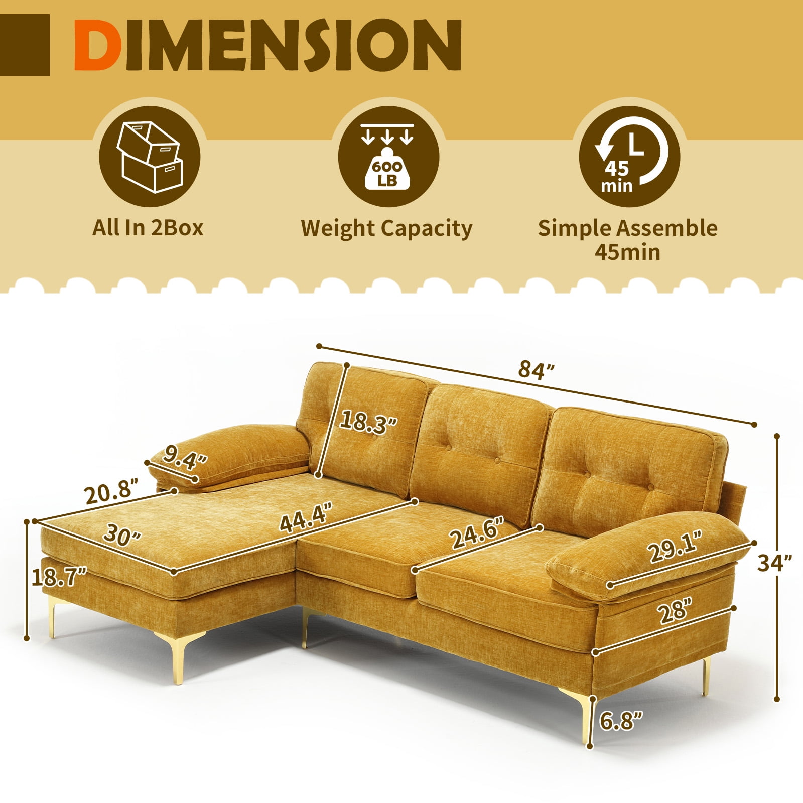 YOUDENOVA Convertible Sectional Sofa Couch, Convertible L Shaped Couch with Reversible Chaise, Sectional Couch for Small Space Apartment, 3 Seater