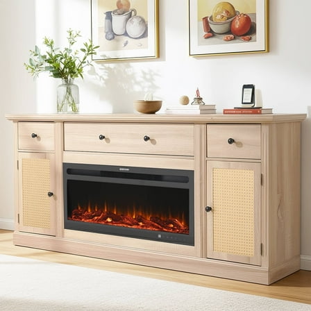 EROMMY Fireplace TV Stand for 65 Inch TV, Farmhouse Entertainment Center with 36" Electric Fireplace, Rattan Media Console with Large Storage Cabinets and Drawers for Living Room