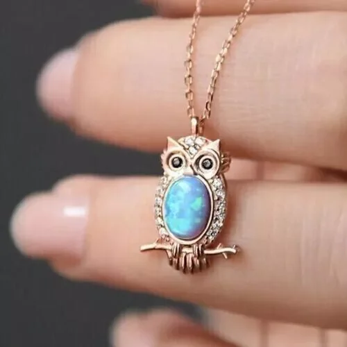 1.99Ct Oval Simulated Fire Opal Owl Pendant 18" Necklace 14k Yellow Gold Plated
