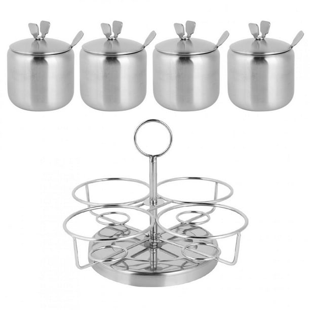 Tarros de Especias Giratorios de Acero inoxidable, Bote para sal y Especias, Cuatro Botellas de Condimentos, Tapa Para Cuchara, Organización de Cocina, Bote para Condimentos,
