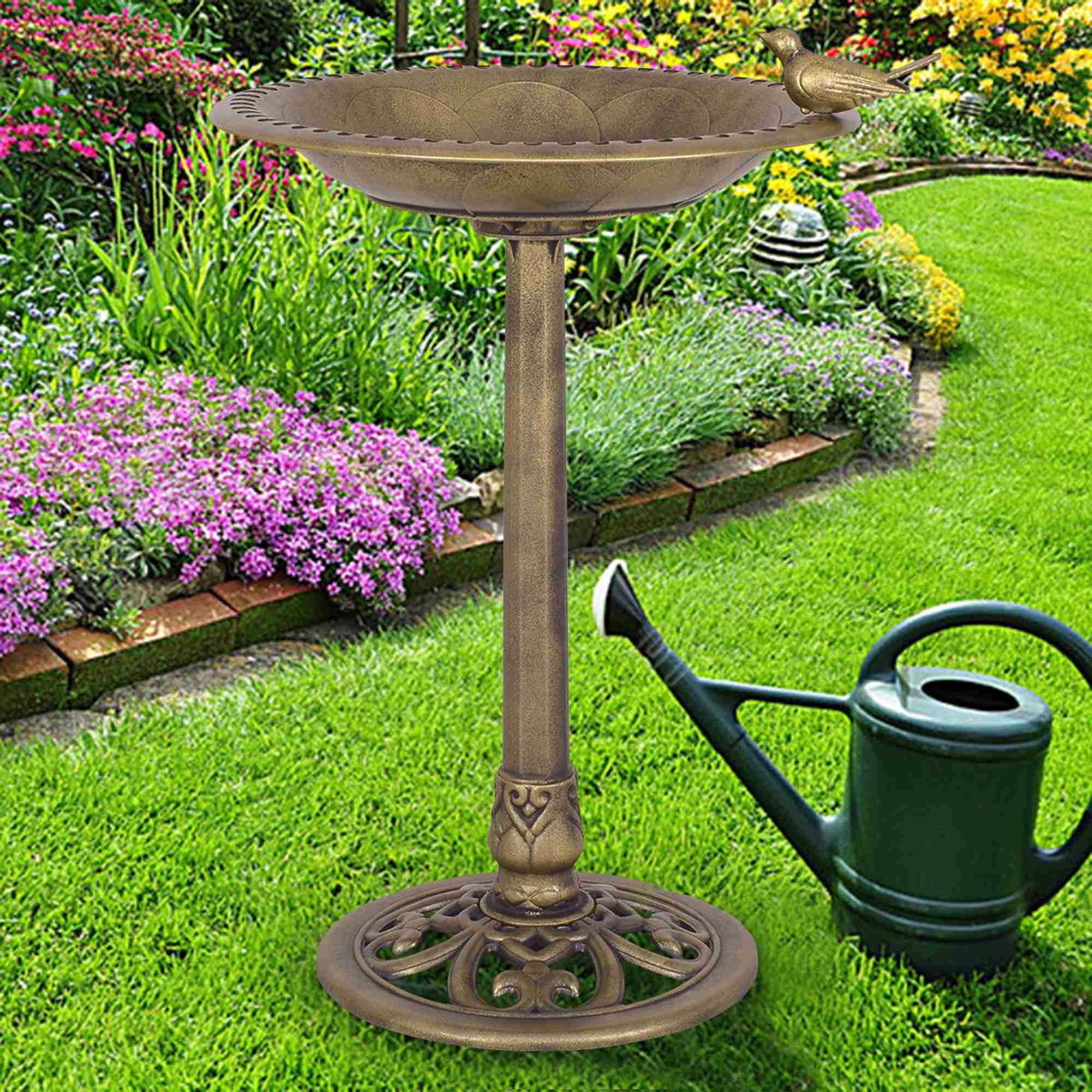 Costway Antique Gold Freestanding Pedestal Bird Bath Feeder Garden