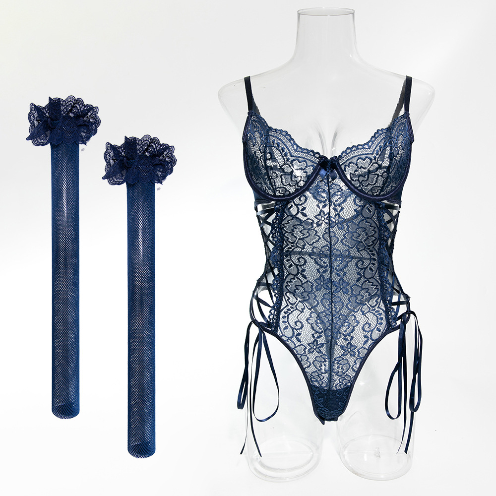 Ausing Lingerie for Women Teddy Bodysuit Lace Babydoll with Stocking One-Piece See Through Strappy Boudoir Outfit Navy blue L