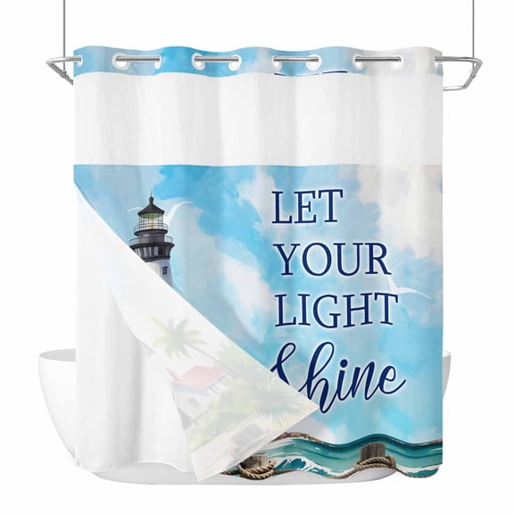 No Hook Shower Curtains with Snap-in Liner Set, Lighthouse Waterproof Hotel Bathroom Shower Curtain, Blue Coastal Nautical Ocean Beach Palm Tree Breathable Mesh Top Window Bath Curtains 72''x78''