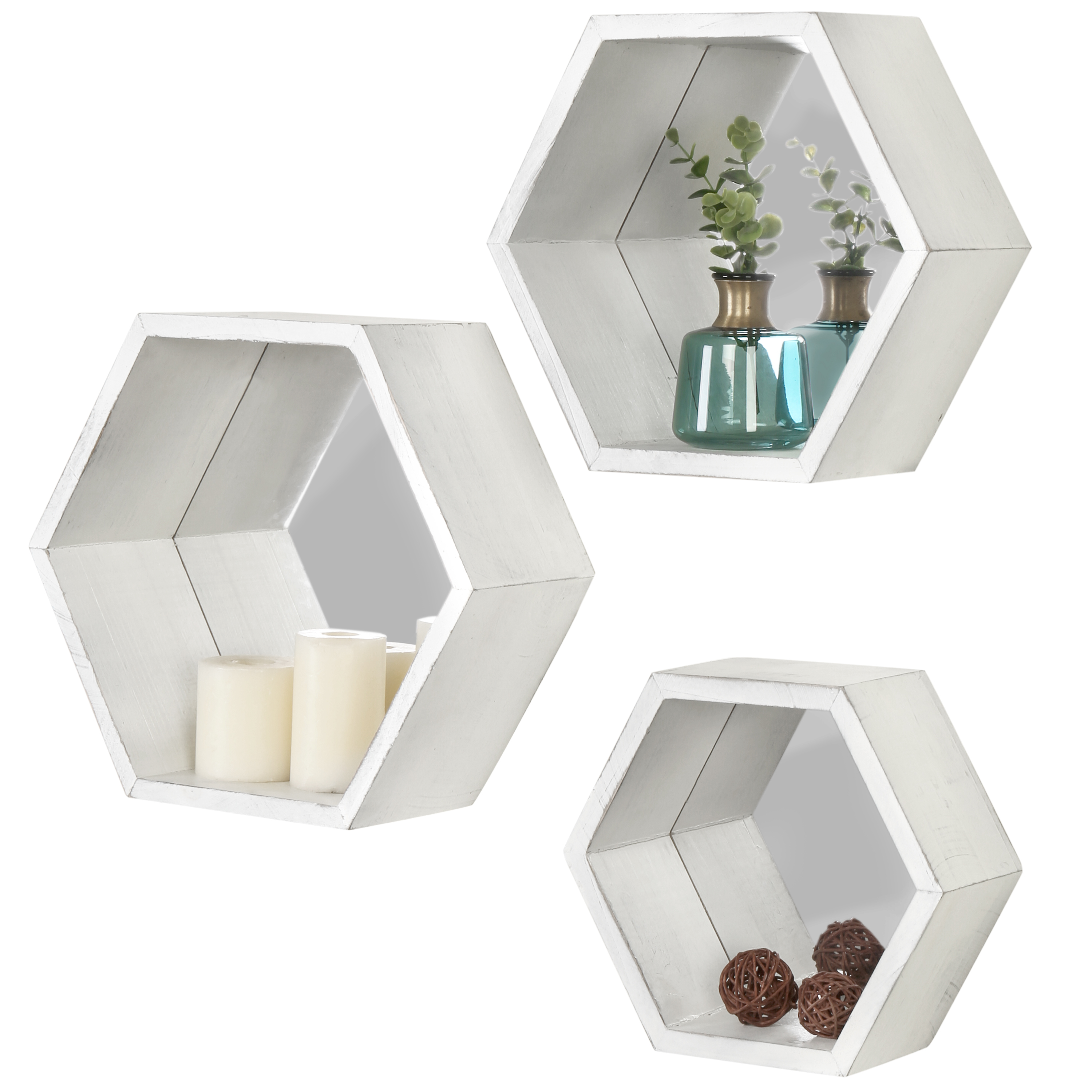 MyGift Vintage White Hexagon WallMounted Floating Shelves with