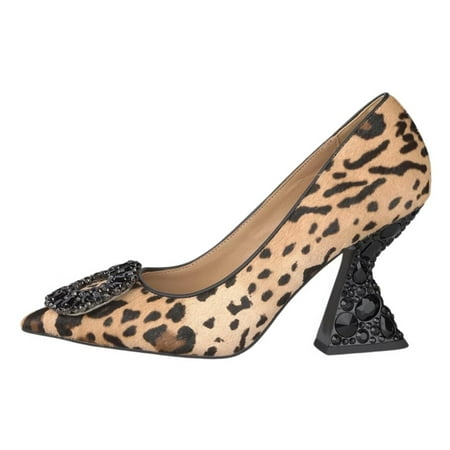 YDN Women Rhinestone Studded Buckle Pumps Slip On Crystal Chunky High Heels Closed Pointed Toe Office Shoes Size 10 Leopard