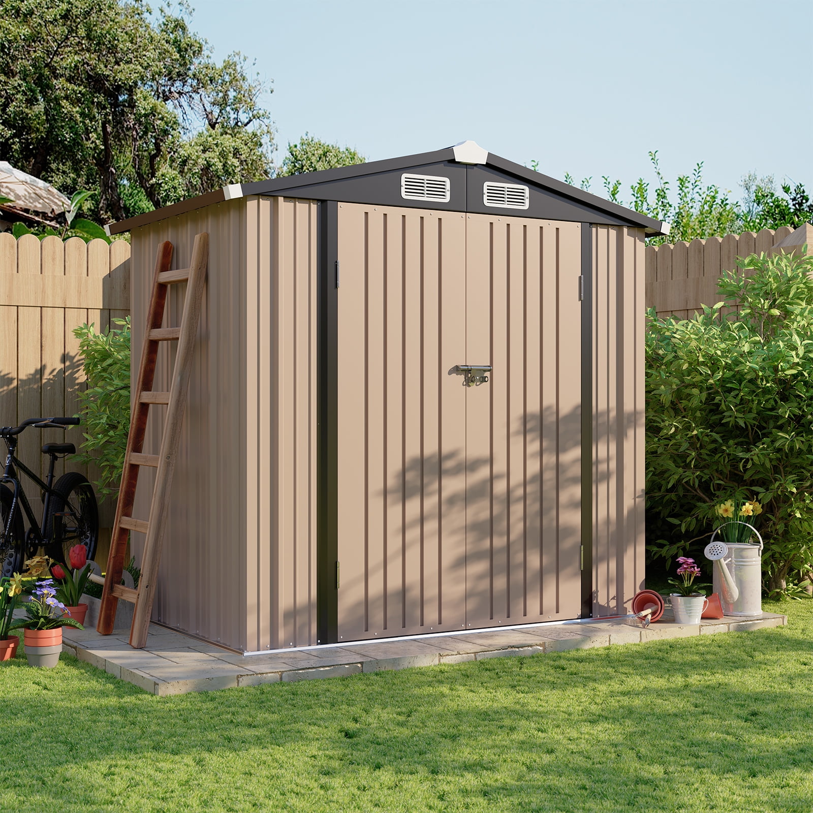 BaPiPro 6x4 ft Outdoor Storage Shed with Built-in Base - Heavy-Duty Metal Workshop Shed with Vents & Lockable Doors for Garden, Bike, and Tool Storage
