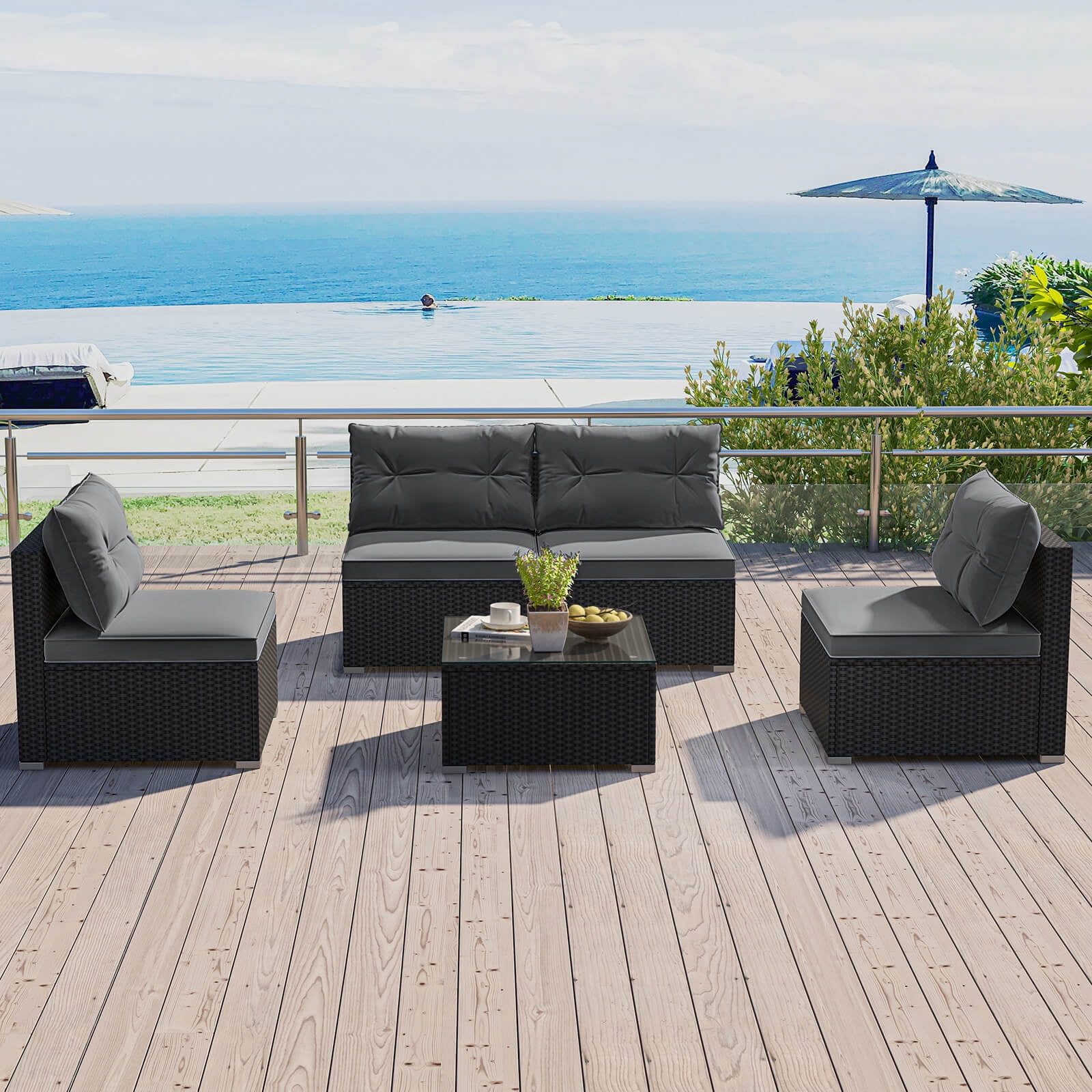 Costway 5 Piece Outdoor Furniture Set with Seat & Back Cushions  Tempered Glass Tabletop Gray