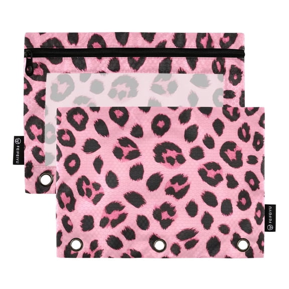 ALAZA 2 Pack Pencil Pouch Pink Leopard Pencil Case for 3 Ring Binder Clear Window Pencil Bag Organizers