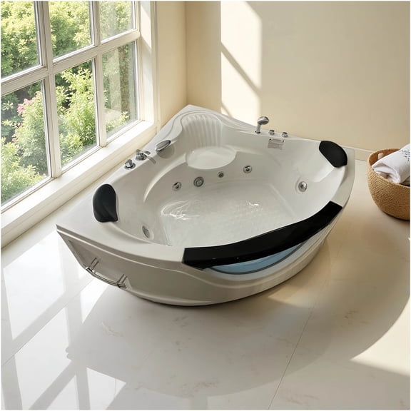 JERFIT 59 Inch Corner Jacuzzi Tub for Two with 6 Hydro Jets, Chromatherapy LED Lights, Milk White Acrylic Spa Bathtub