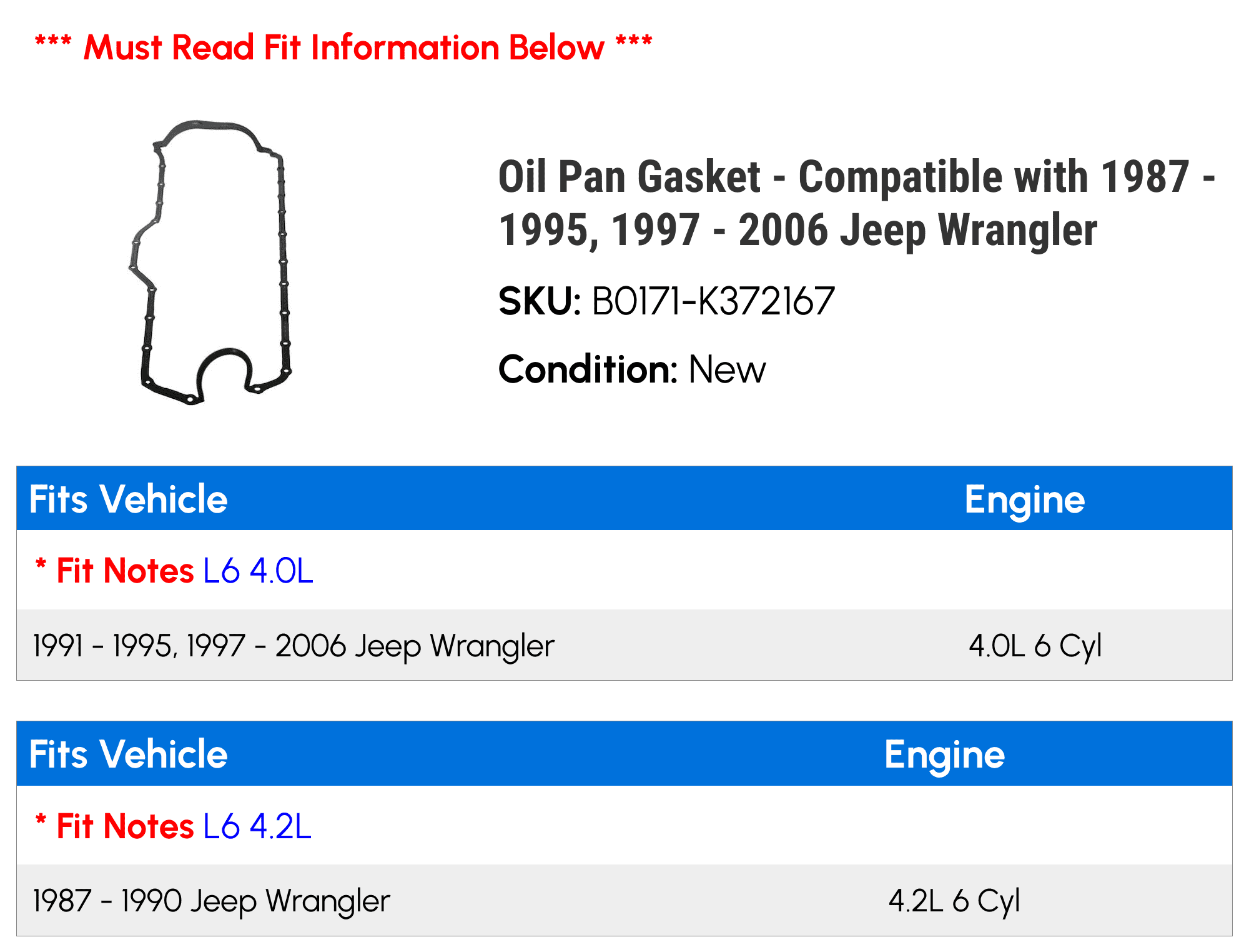 Oil Pan Gasket - Compatible with 1987 - 1995, 1997 - 2006 Jeep Wrangler 1988 1989 1990 1991 1992 1993 1994 1998 1999 2000 2001 2002 2003 2004 2005