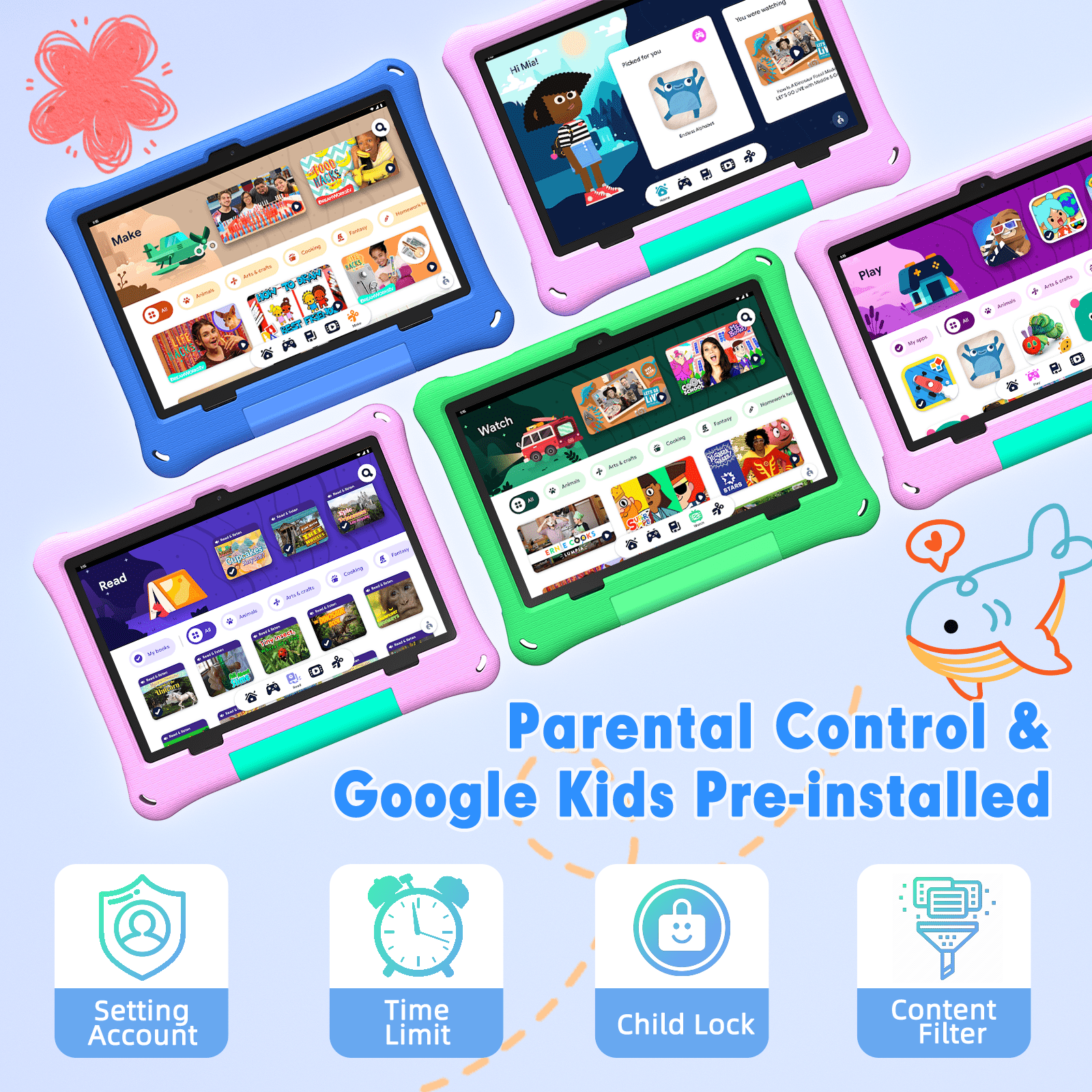 Callsky 10.1" Android 15 Kids Tablet, ABCmouse Authorized Learning App, HD Display, 8-Hour Battery, Parental Controls, Google Kids Space, Pink