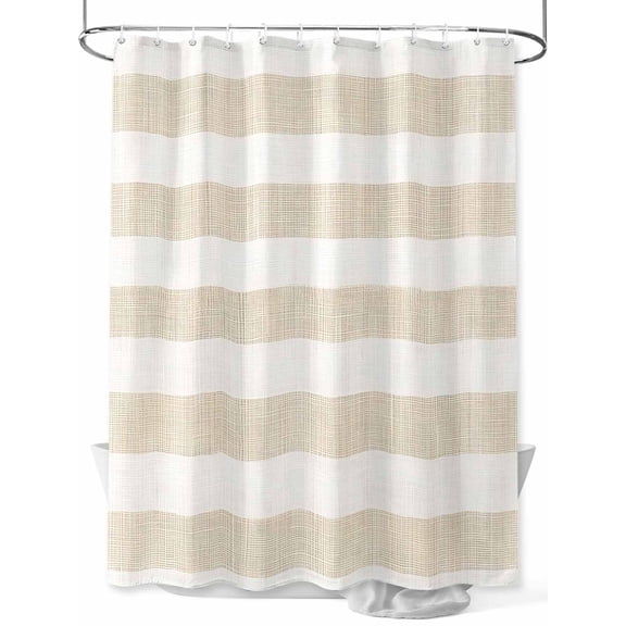 Fsddascl Beige Stripe Shower Curtain Set - 72" x 78" Washable Bathtub Curtain with 12 Hooks, Vintage Country Geometric Linen Texture Waterproof Fabric Stall Shower Curtains for Bathroom/Bathtub