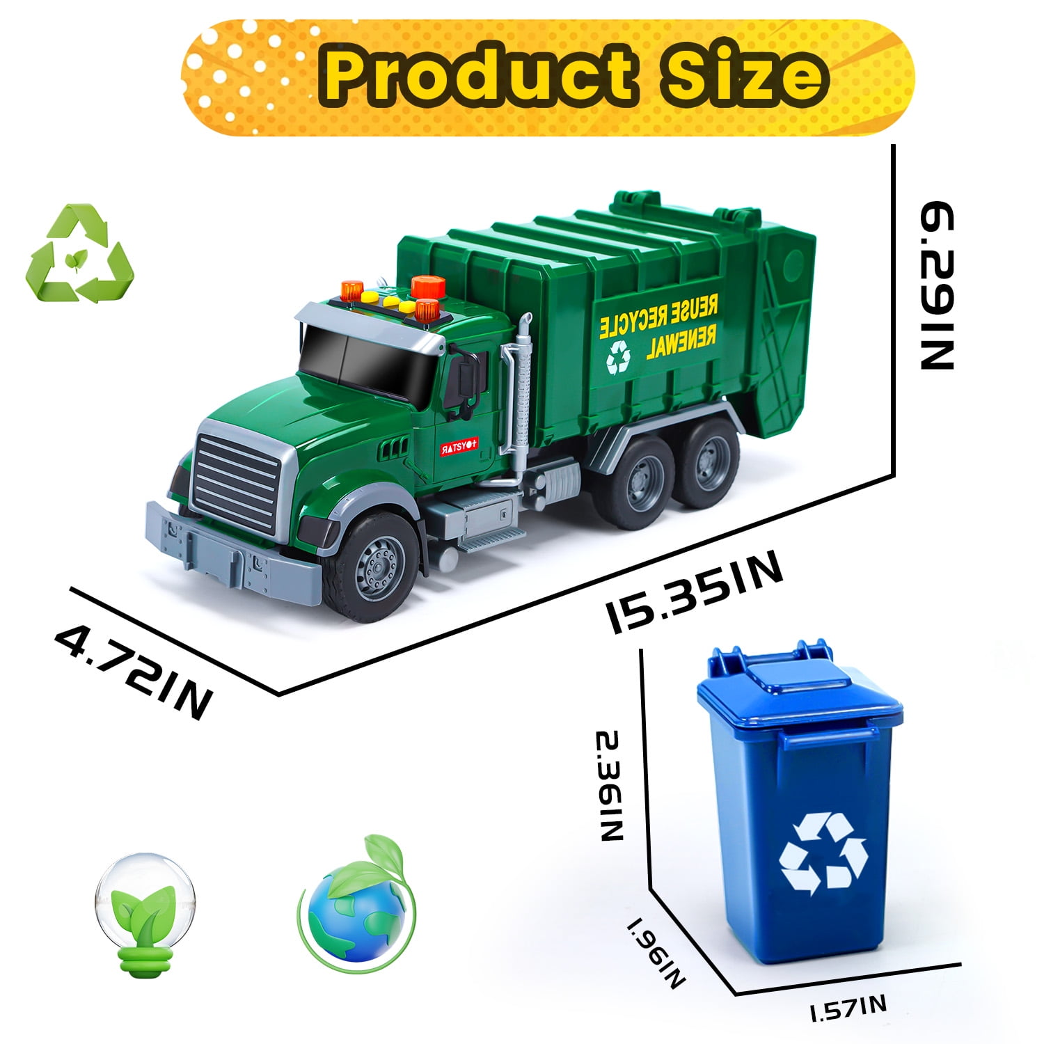 JoyStone Kids Garbage Truck Toy, Friction Powered Recycling Truck with Lights & Sounds, Lift & Rotating Trash Bin Function, 3 Trash Bins, Interactive Toy for 3-8 Years Old