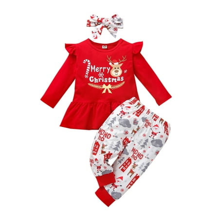 

simu Valentines Day Girls Outfits Toddler Baby Girls Clothes Set Christmas Xmas Cartoon Deer Letter Printed Ruffles Tops Pants Headbands Outfits for Birthday Wedding