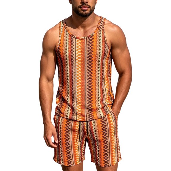 QSAWXQZ Men's Vintage Jacquard 2PC Outfits Set Lapel V Neck Short Sleeves Shirt Elastic Waist Shorts with Pockets Athletic Outfit for Summer XL