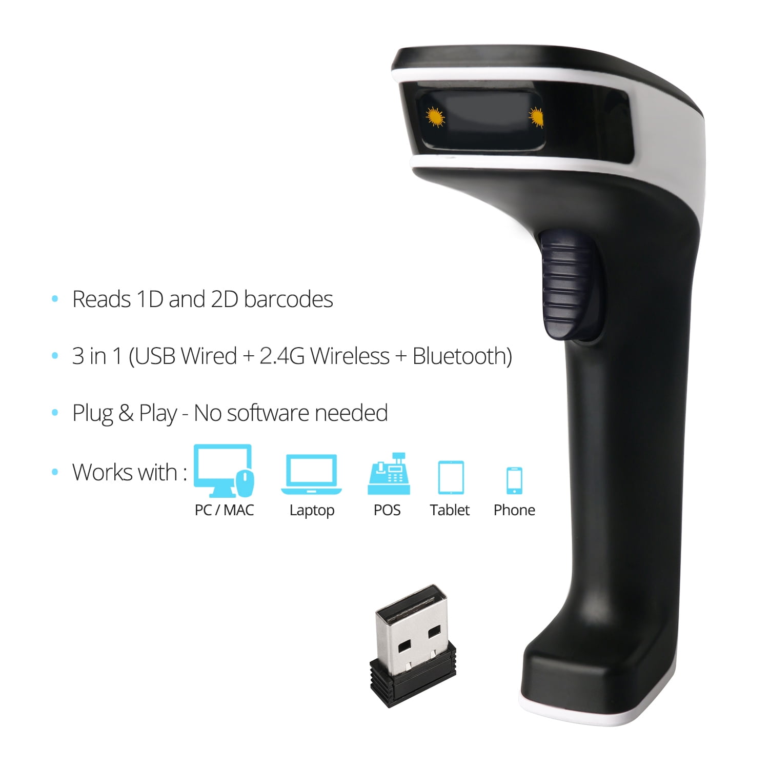 ScanAvenger SA8800 Wireless 1D/2D Barcode Scanner - Bluetooth, Rechargeable Handheld QR Scanner