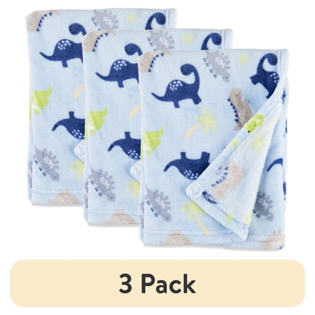 (3 pack) Parent’s Choice Plush Baby Blanket, Blue Dinosaur, 30 in x 36 in