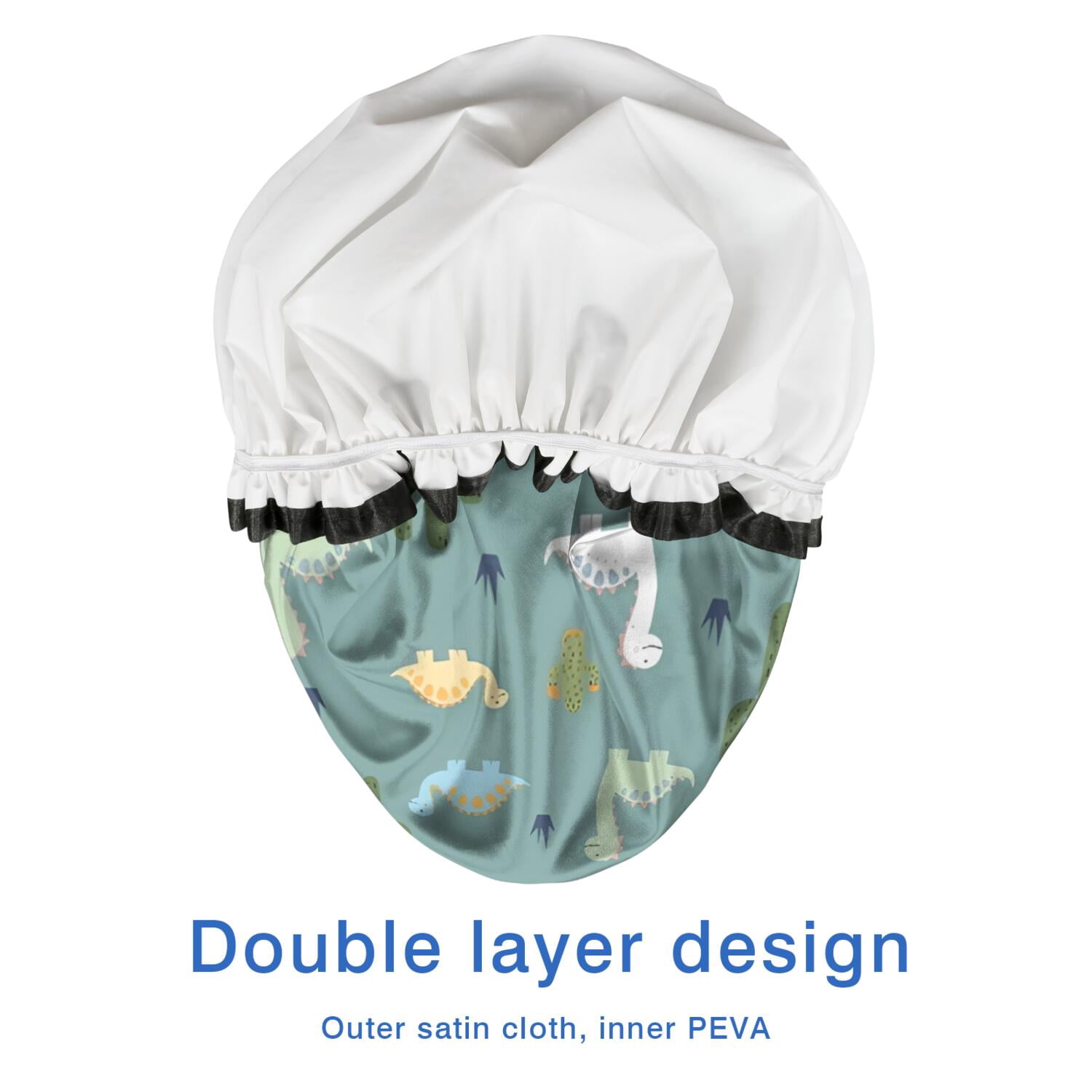 Shower Caps,LightBlue Cartoon Dinosaurs Cacti Pattern Waterproof Shower Cap for Women 4 Pieces,Double Reusable Hair Cover for Shower PEVA Elastic Stretch Hem