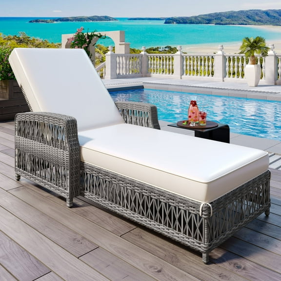 Harper & Bright Designs Outdoor Reclining Lounge Chaise with Armrests, Wicker Patio Recliner with Adjustable Backrest and Removable Cushions, All Weather Rattan Pool Lounge for Poolside, Beige Grey